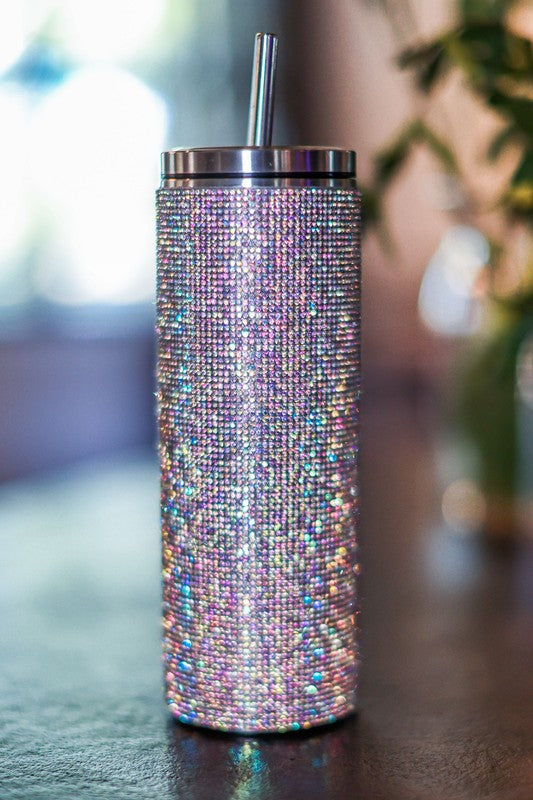 Luxury Rhinestone Crystal Bling Tumbler with sparkling rhinestones and stainless steel finish, perfect for hot or cold beverages.