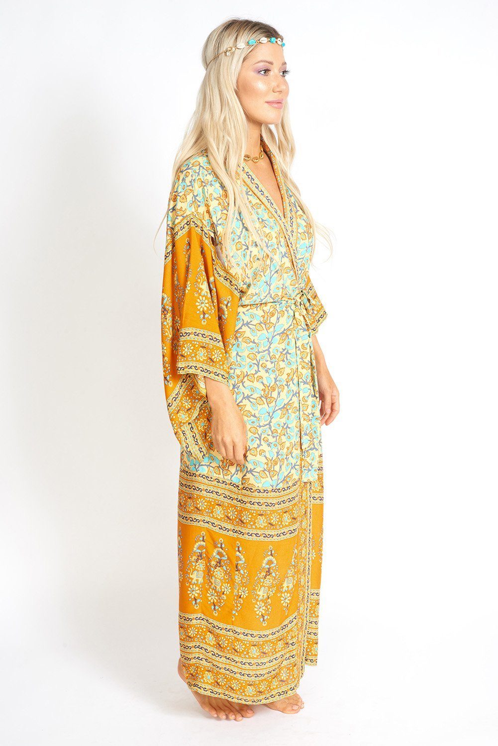 Mía Bohemian Floral Print Kimono Style Robe featuring a relaxed fit, open front with ties, and elegant kimono sleeves in a vibrant floral pattern.