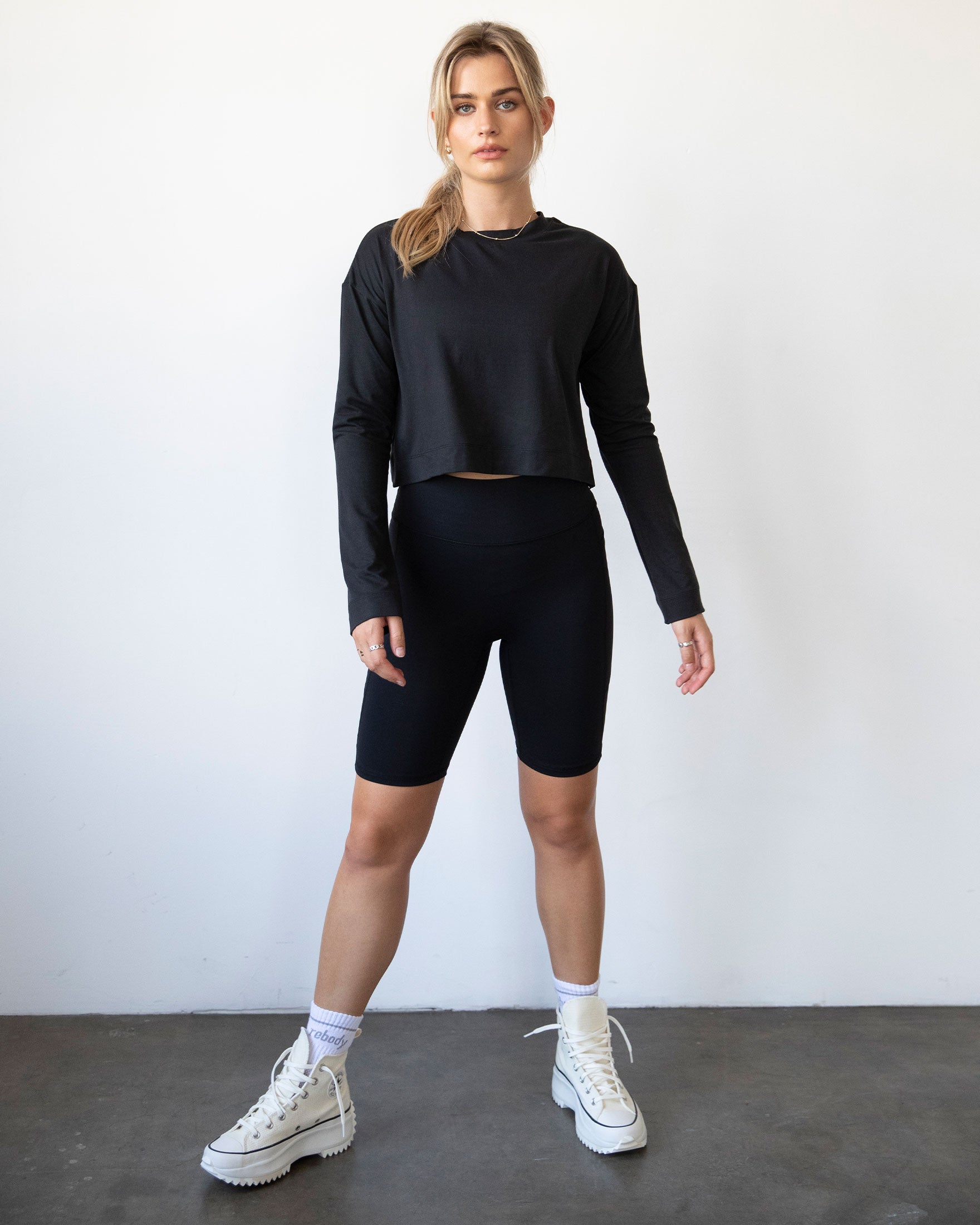 High-waisted Making Moves Pocket Biker Shorts in black, featuring a comfortable fit and side pockets, ideal for yoga and workouts.