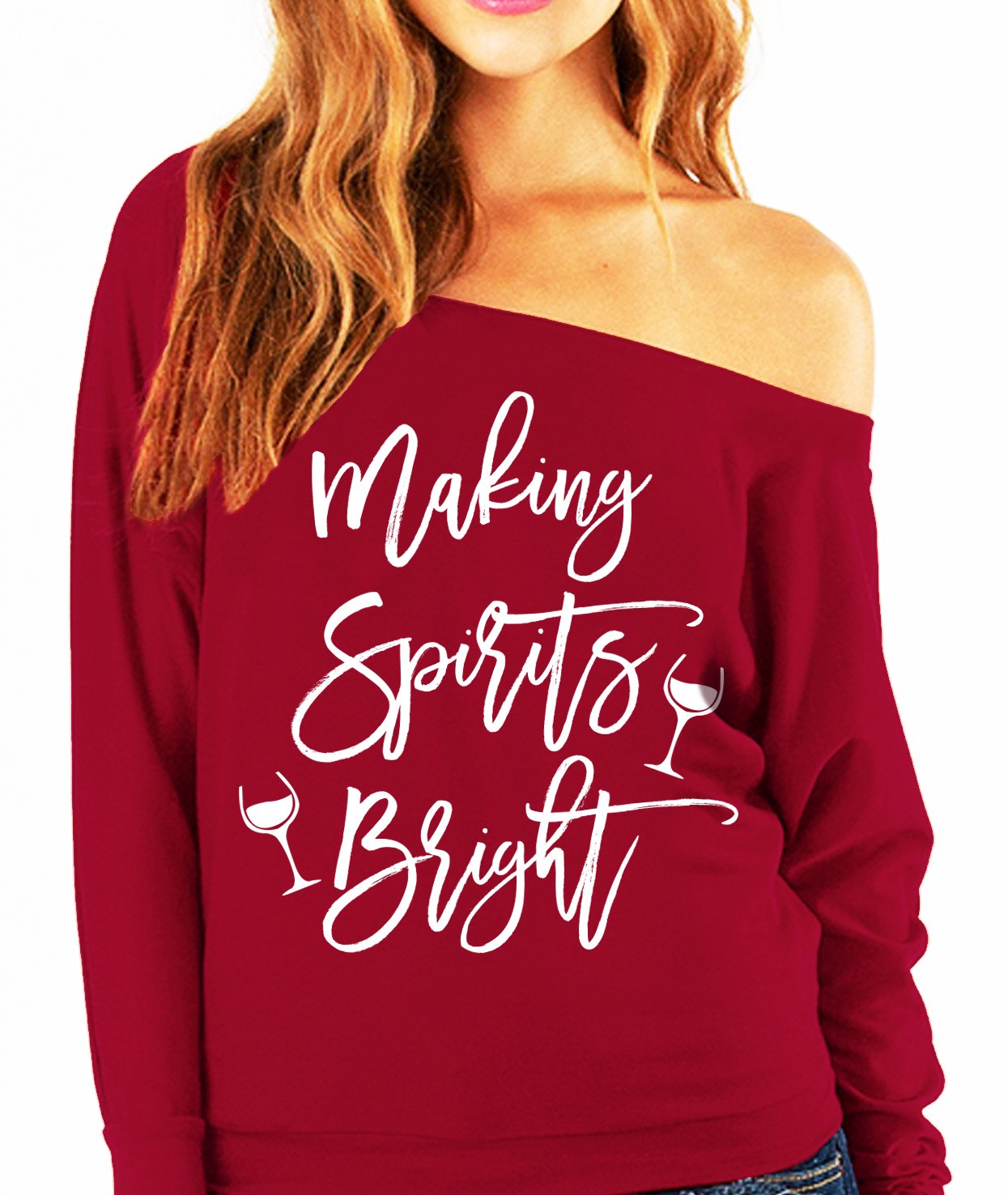 A cozy slouchy sweatshirt featuring the phrase 'Making Spirits Bright' in festive colors, perfect for Christmas celebrations.