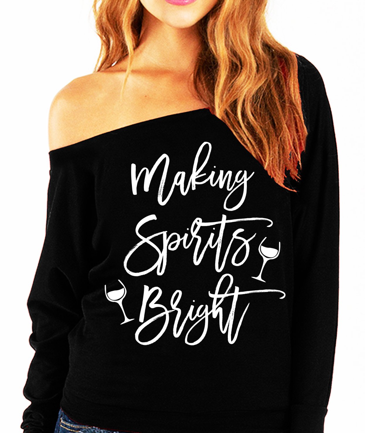 A cozy slouchy sweatshirt featuring the phrase 'Making Spirits Bright' in festive colors, perfect for Christmas celebrations.