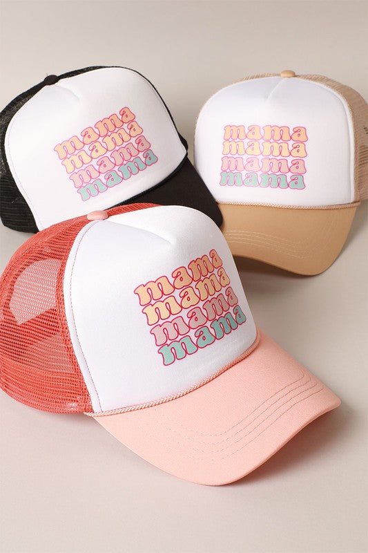 MAMA Foam Trucker Hat featuring a stylish printed design, six-panel construction, and adjustable snap closure for a comfortable fit.