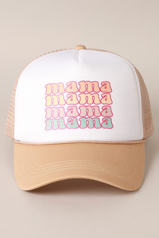 MAMA Foam Trucker Hat featuring a stylish printed design, six-panel construction, and adjustable snap closure for a comfortable fit.