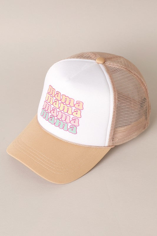 MAMA Foam Trucker Hat featuring a stylish printed design, six-panel construction, and adjustable snap closure for a comfortable fit.