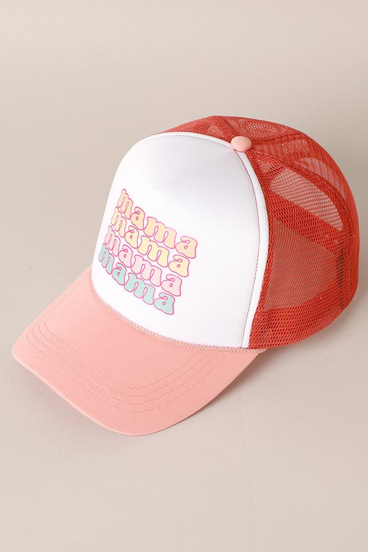 MAMA Foam Trucker Hat featuring a stylish printed design, six-panel construction, and adjustable snap closure for a comfortable fit.