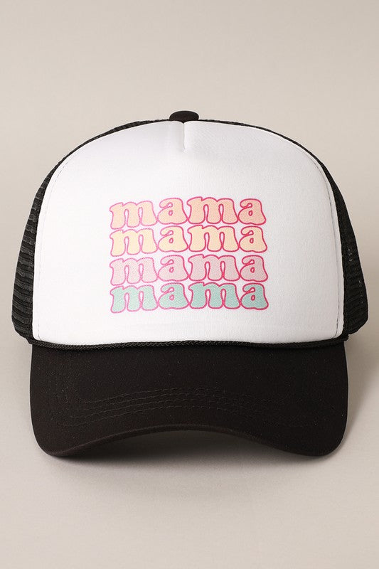 MAMA Foam Trucker Hat featuring a stylish printed design, six-panel construction, and adjustable snap closure for a comfortable fit.