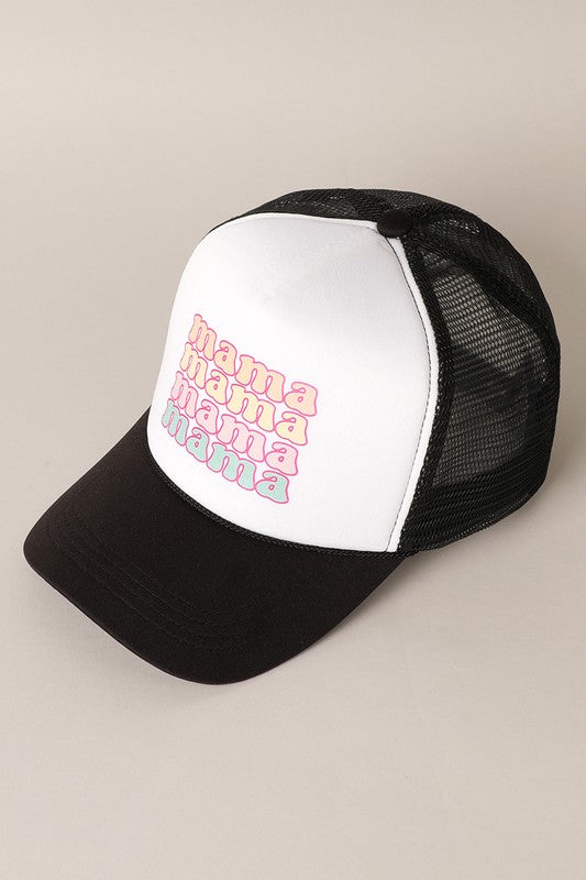 MAMA Foam Trucker Hat featuring a stylish printed design, six-panel construction, and adjustable snap closure for a comfortable fit.