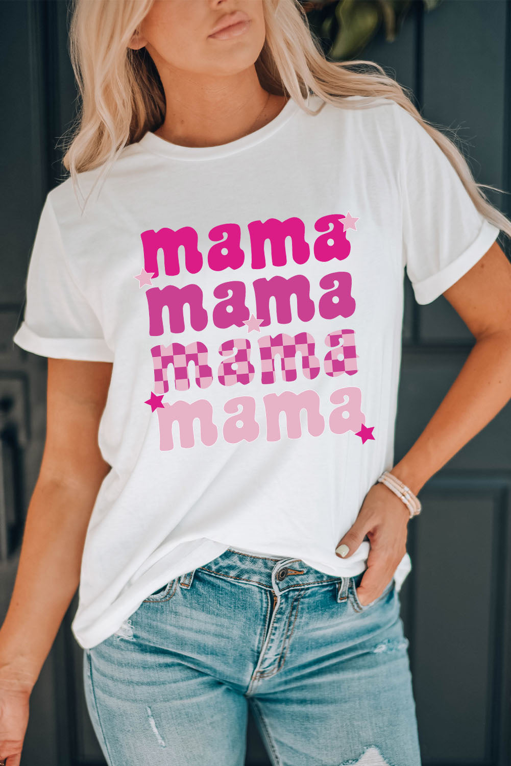 MAMA Graphic Round Neck T-Shirt featuring a casual design with a round neck and short sleeves, made from a comfortable polyester-spandex blend.