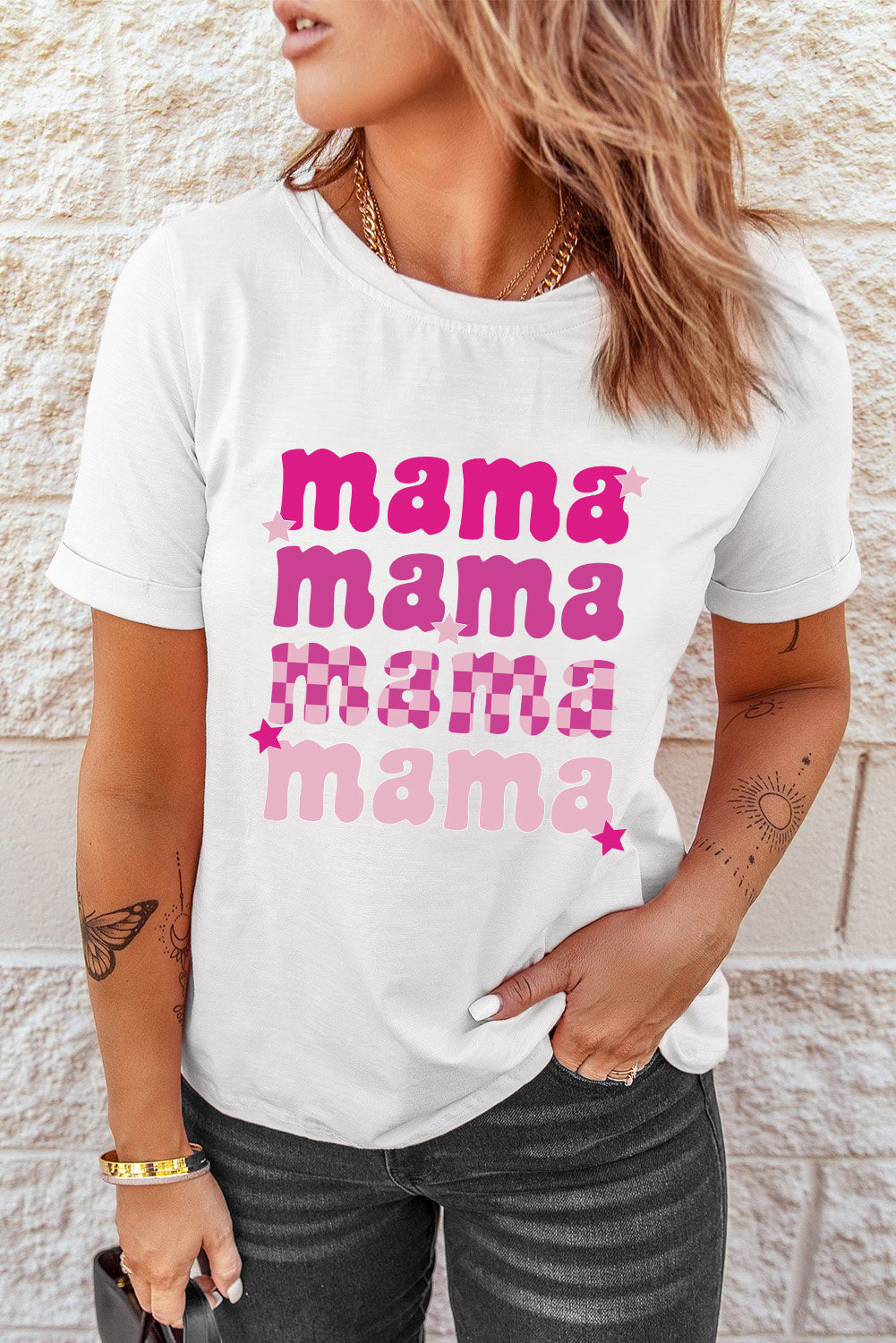 MAMA Graphic Round Neck T-Shirt featuring a casual design with a round neck and short sleeves, made from a comfortable polyester-spandex blend.