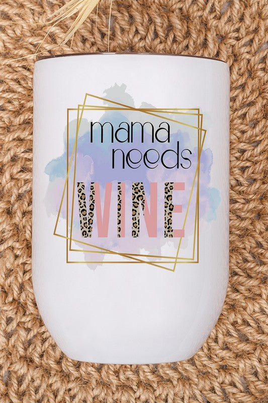 Mama Needs Wine Leopard Wine Tumbler with stylish leopard print design and lid, perfect for enjoying beverages.