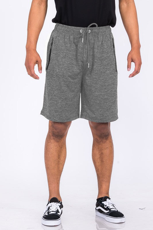 Marbled Active Running Shorts featuring an elastic waist, drawstring, and zippered pockets in a stylish design.