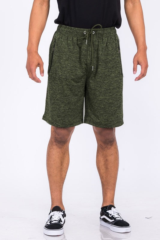 Marbled Active Running Shorts featuring an elastic waist, drawstring, and zippered pockets in a stylish design.