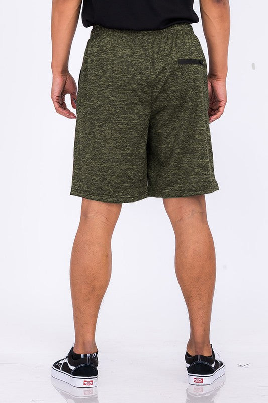 Marbled Active Running Shorts featuring an elastic waist, drawstring, and zippered pockets in a stylish design.