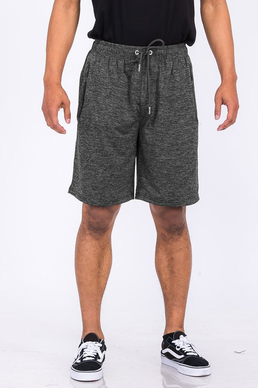 Marbled Active Running Shorts featuring an elastic waist, drawstring, and zippered pockets in a stylish design.