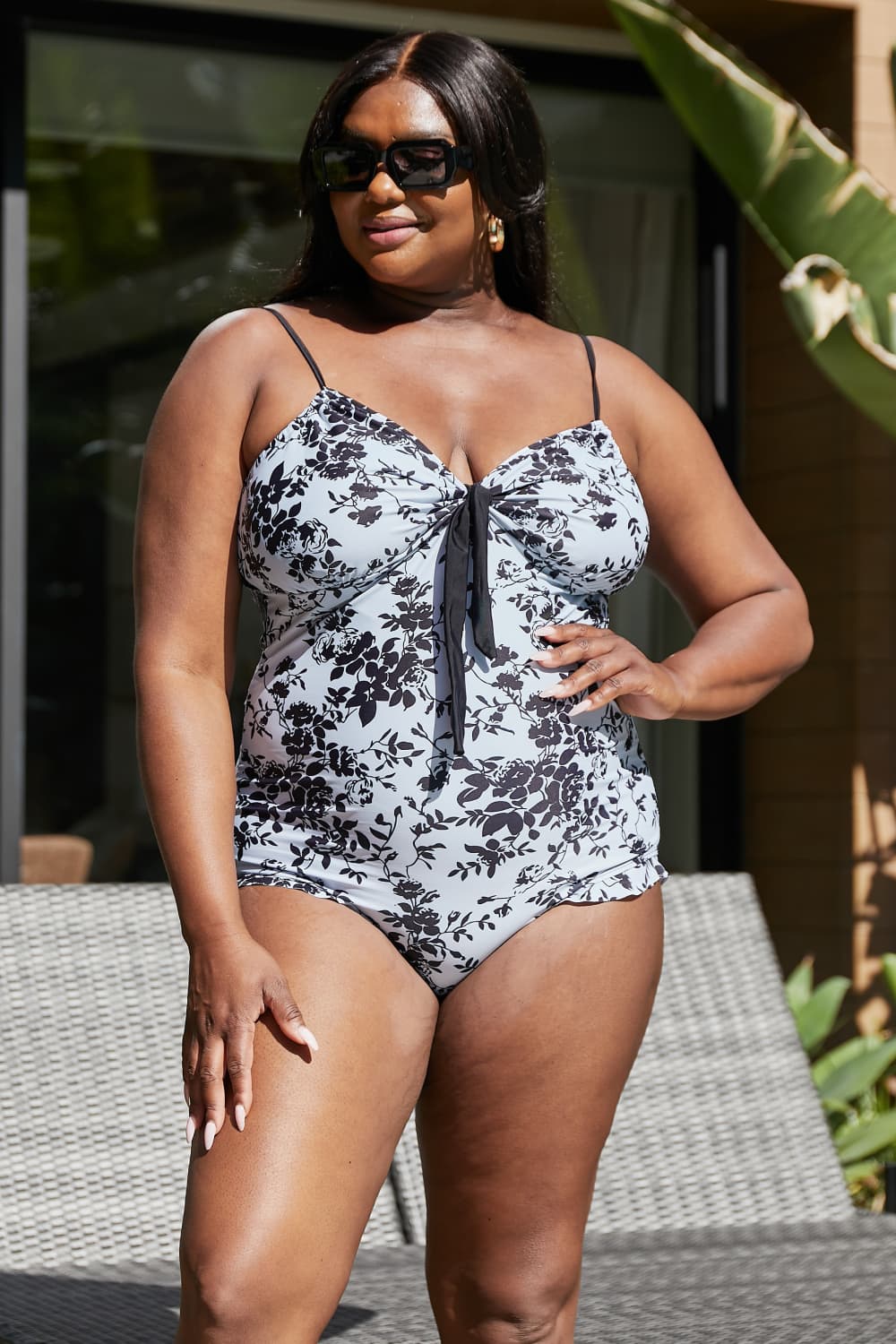 Marina West Swim Côte d'Azur Ruffle Trim One-Piece Swimsuit featuring floral print, frill trim, and adjustable straps.