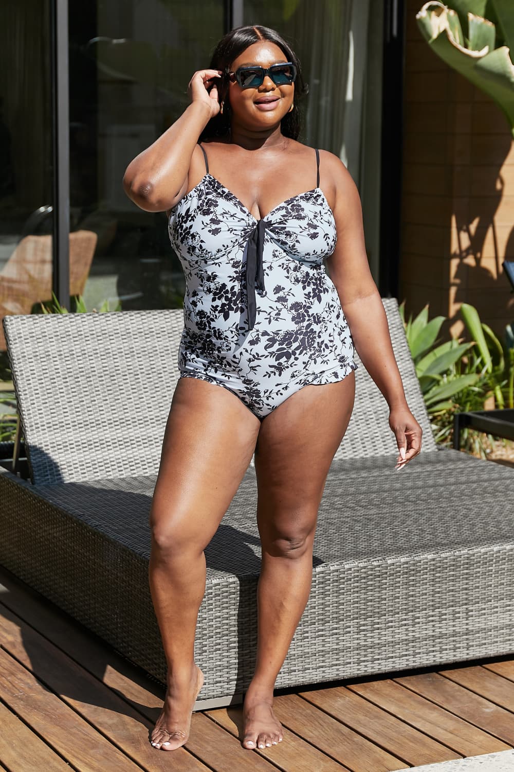 Marina West Swim Côte d'Azur Ruffle Trim One-Piece Swimsuit featuring floral print, frill trim, and adjustable straps.