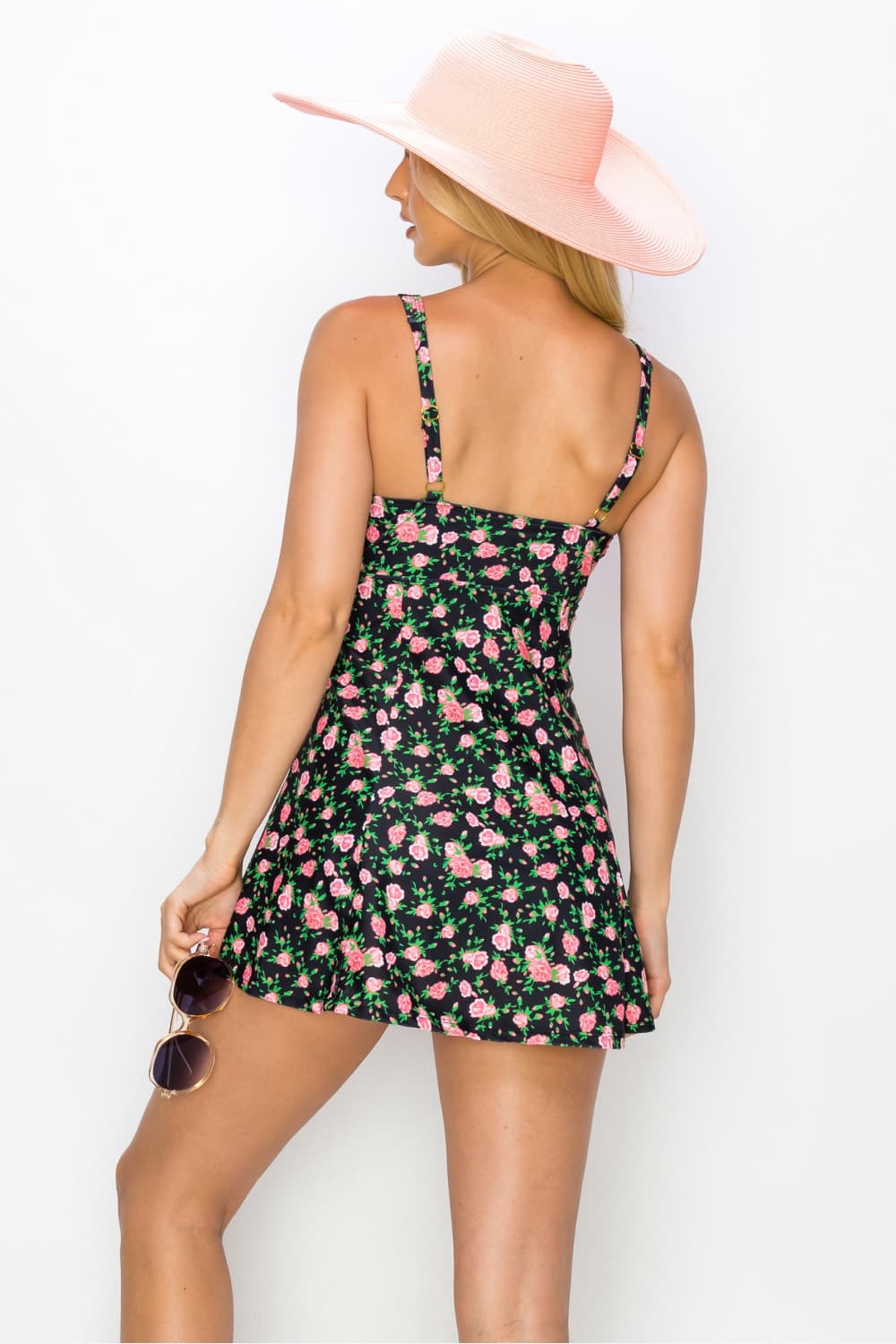 Marina West Swim Full Size Clear Waters Swim Dress in Black Roses featuring a floral pattern and built-in boyshorts.