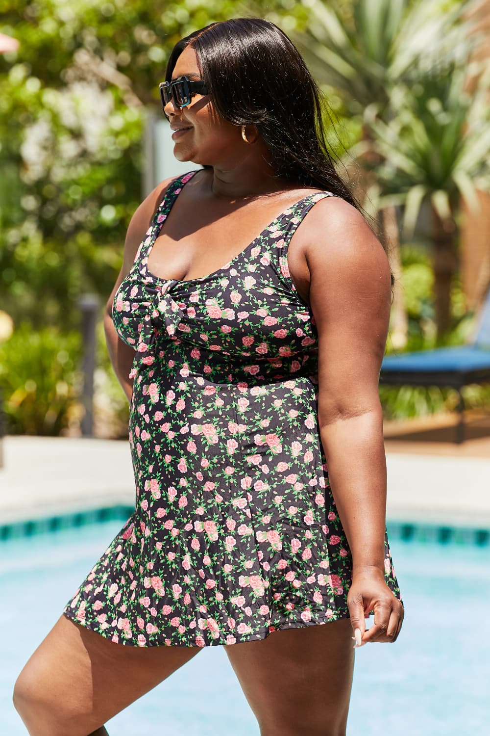 Marina West Swim Full Size Clear Waters Swim Dress in Black Roses featuring a floral pattern and built-in boyshorts.