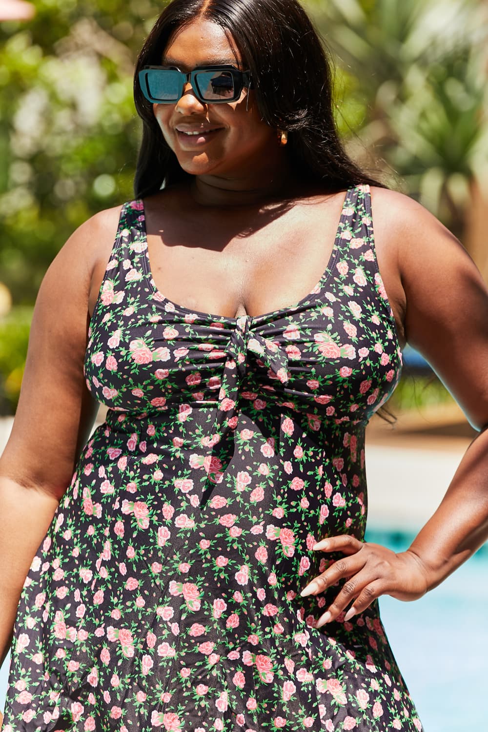 Marina West Swim Full Size Clear Waters Swim Dress in Black Roses featuring a floral pattern and built-in boyshorts.