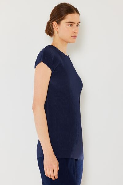 Marina West Swim Rib Pleated Cap Sleeve Top featuring ribbed texture and pleated details, perfect for stylish and versatile outfits.