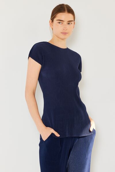 Marina West Swim Rib Pleated Cap Sleeve Top featuring ribbed texture and pleated details, perfect for stylish and versatile outfits.