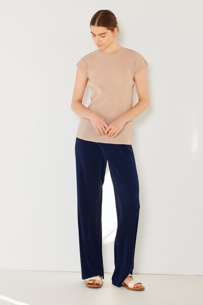 Marina West Swim Rib Pleated Elastic-Waist Wide Leg Pants showcasing ribbed texture and pleats in a stylish design.