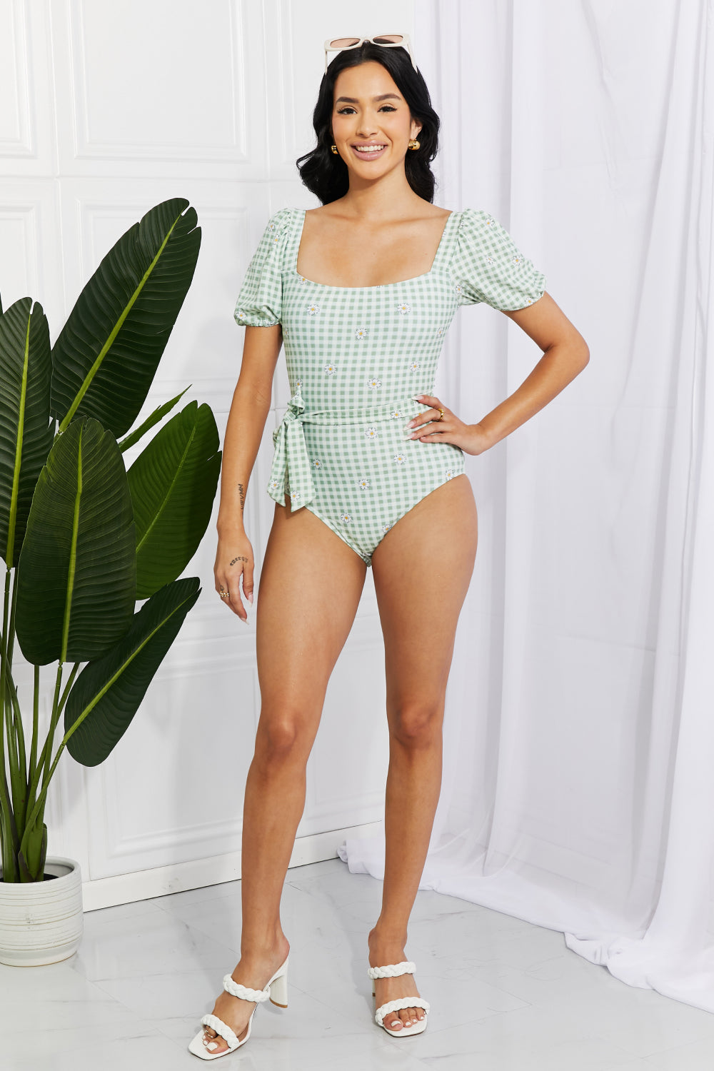 Marina West Swim Salty Air Puff Sleeve One-Piece in Sage featuring puff sleeves and a tie belt, perfect for a cottage-core look.