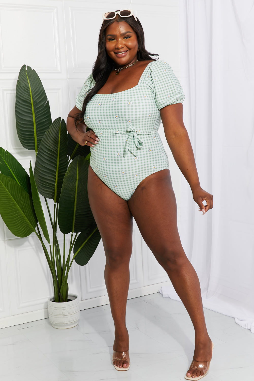 Marina West Swim Salty Air Puff Sleeve One-Piece in Sage featuring puff sleeves and a tie belt, perfect for a cottage-core look.