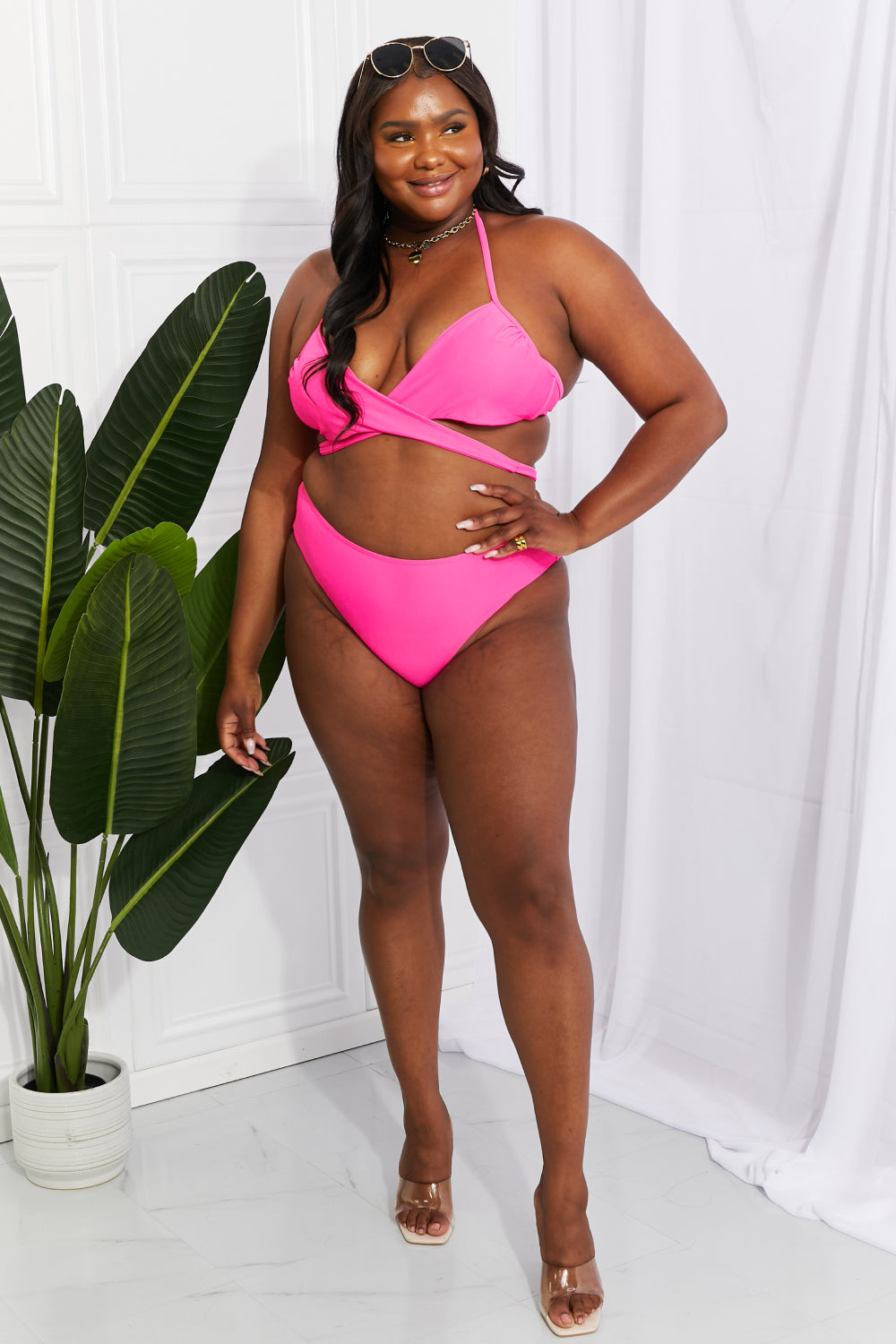 Marina West Swim Summer Splash Halter Bikini Set in Pink featuring a twisted front and double strap design.