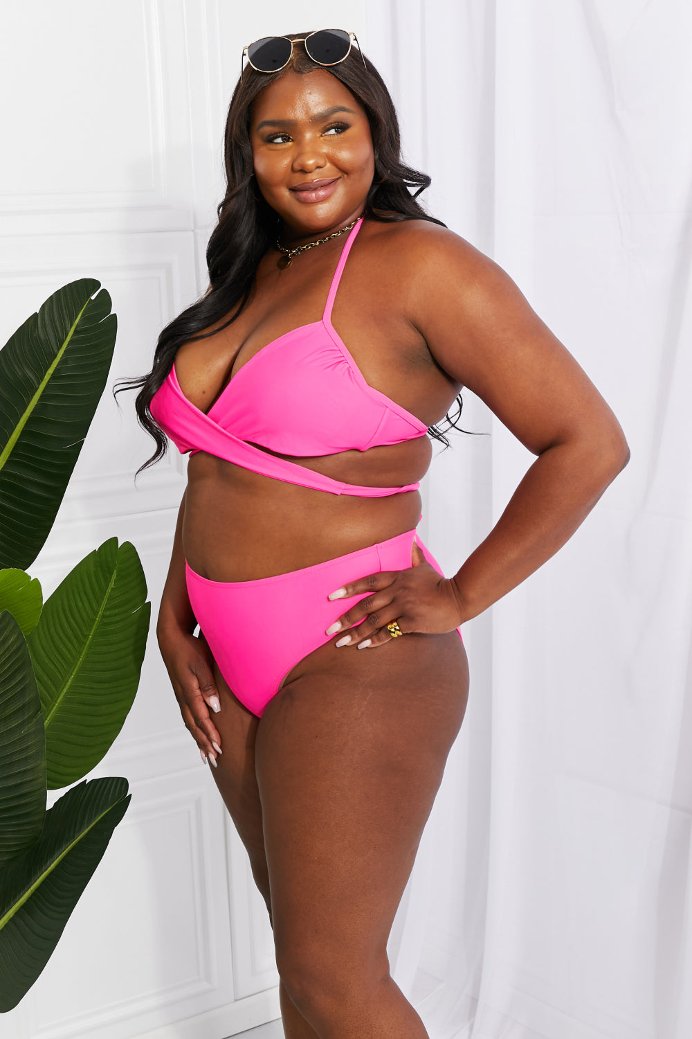 Marina West Swim Summer Splash Halter Bikini Set in Pink featuring a twisted front and double strap design.