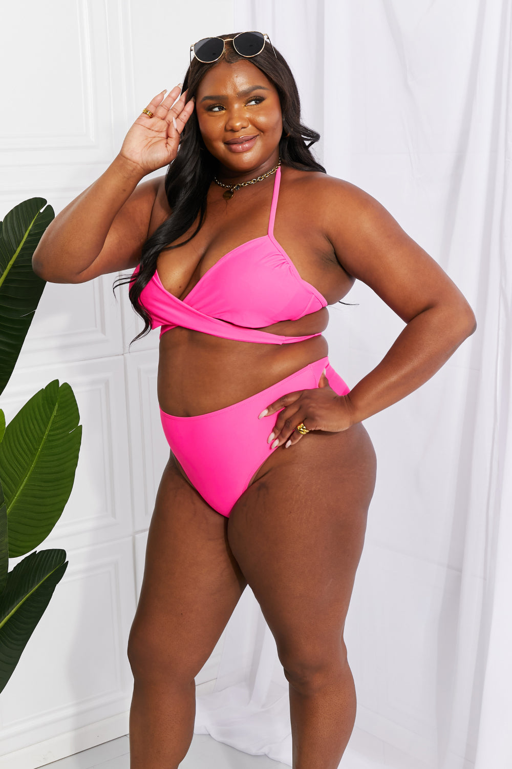 Marina West Swim Summer Splash Halter Bikini Set in Pink featuring a twisted front and double strap design.