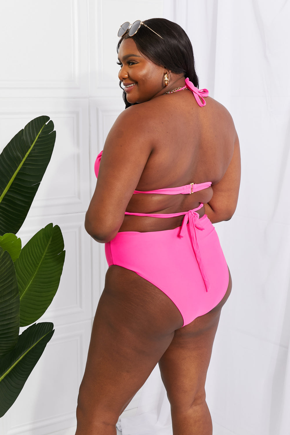 Marina West Swim Summer Splash Halter Bikini Set in Pink featuring a twisted front and double strap design.