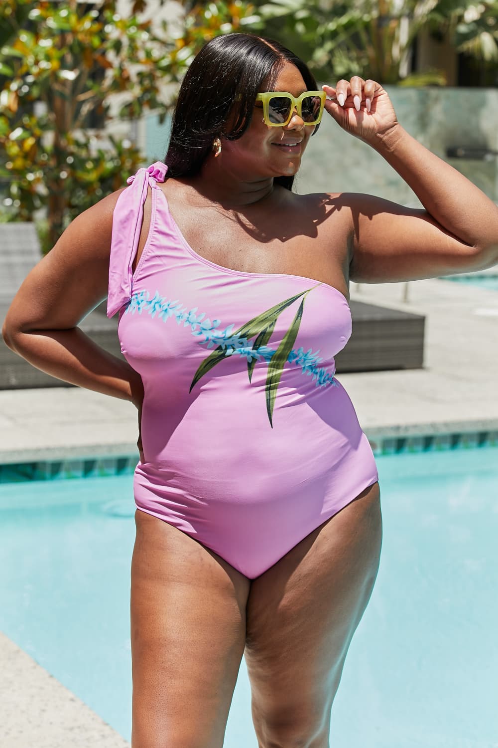 Marina West Swim Vacay Mode One Shoulder Swimsuit in Carnation Pink, showcasing its elegant design and adjustable tie detail.