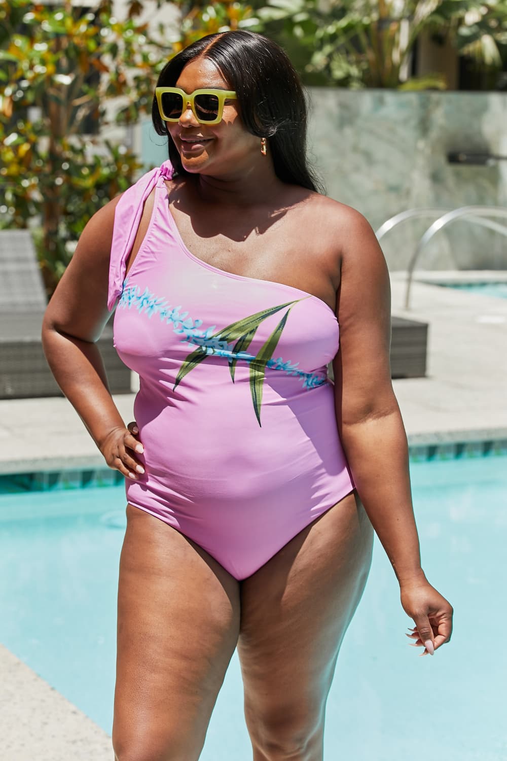 Marina West Swim Vacay Mode One Shoulder Swimsuit in Carnation Pink, showcasing its elegant design and adjustable tie detail.