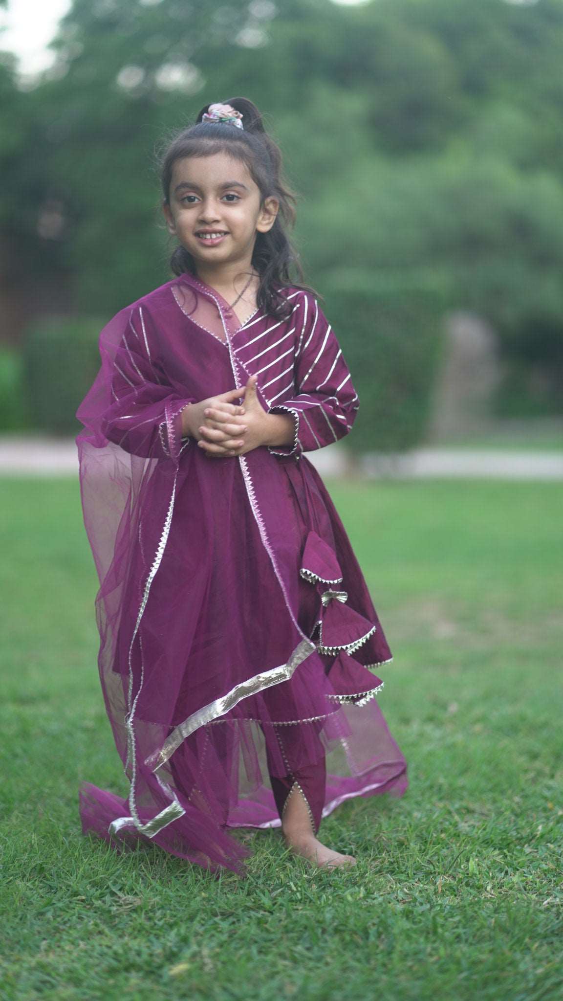 Maroon Kurta and Dhoti Kids Set featuring soft cotton silk fabric, intricate gotta work, and a matching dupatta, perfect for special occasions.