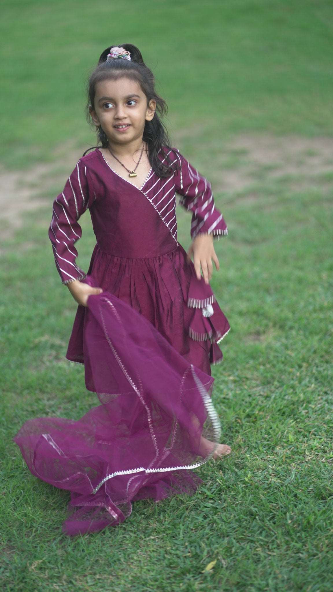 Maroon Kurta and Dhoti Kids Set featuring soft cotton silk fabric, intricate gotta work, and a matching dupatta, perfect for special occasions.