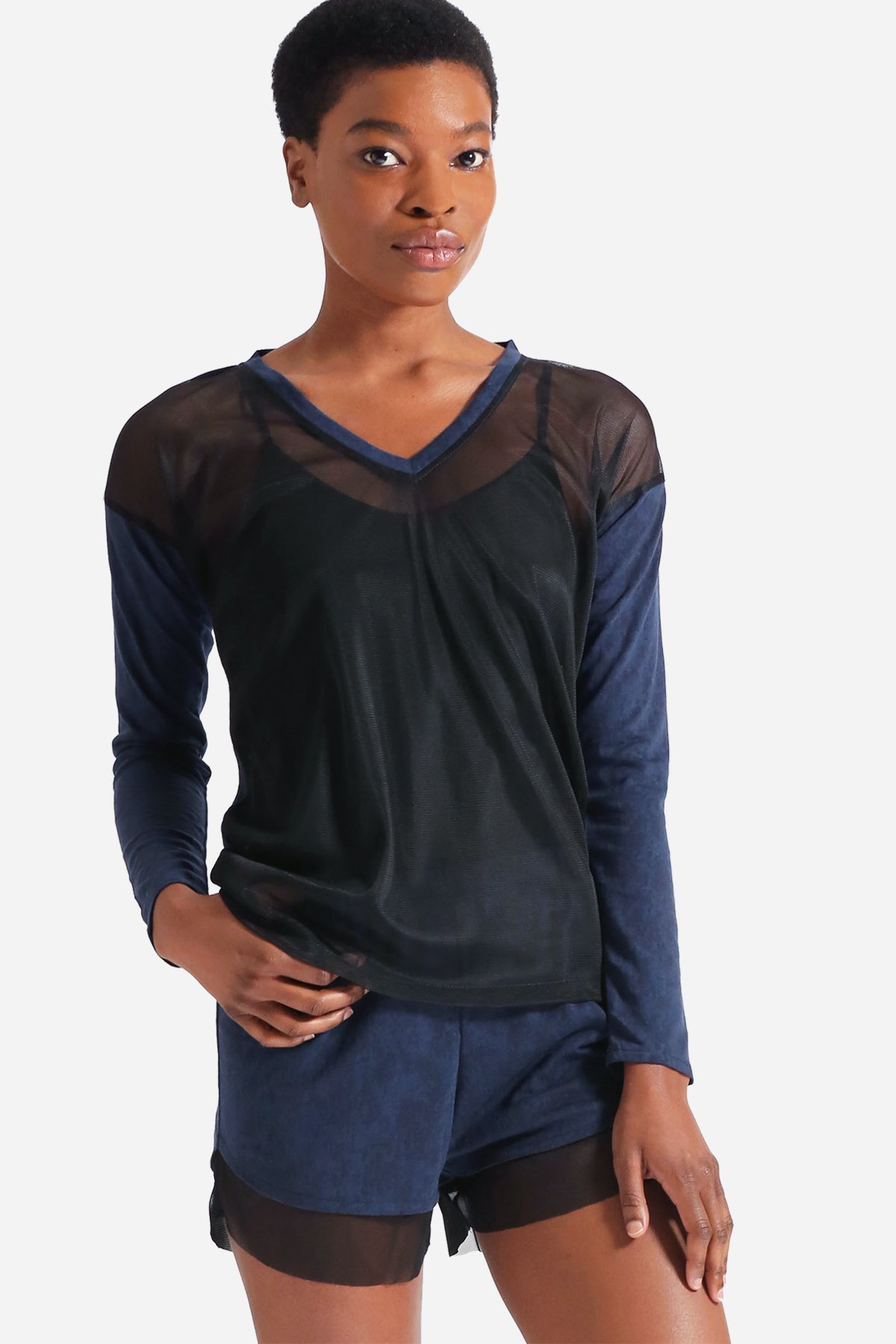 MASON Long Sleeve Tee featuring a v-neck design, semi-sheer textured knit, and relaxed fit, perfect for layering.