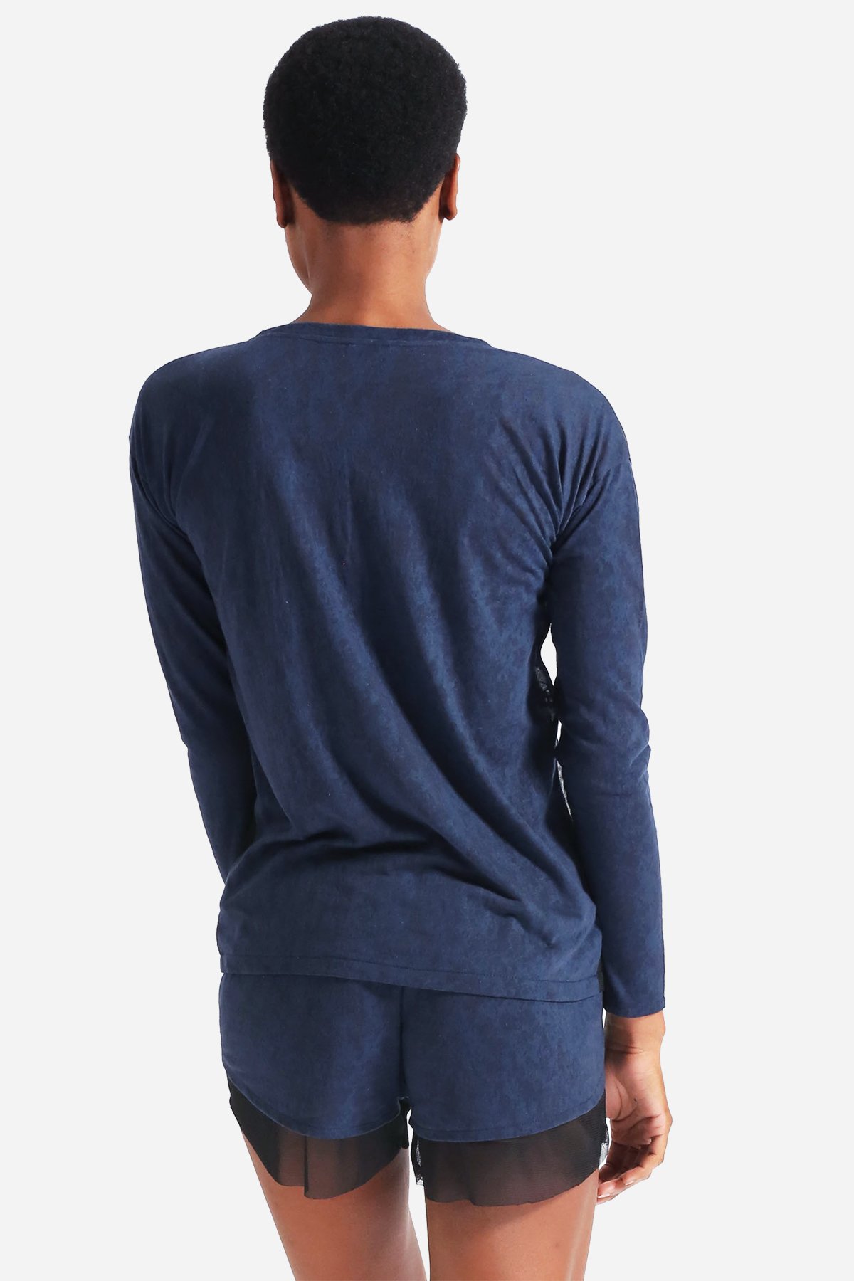 MASON Long Sleeve Tee featuring a v-neck design, semi-sheer textured knit, and relaxed fit, perfect for layering.