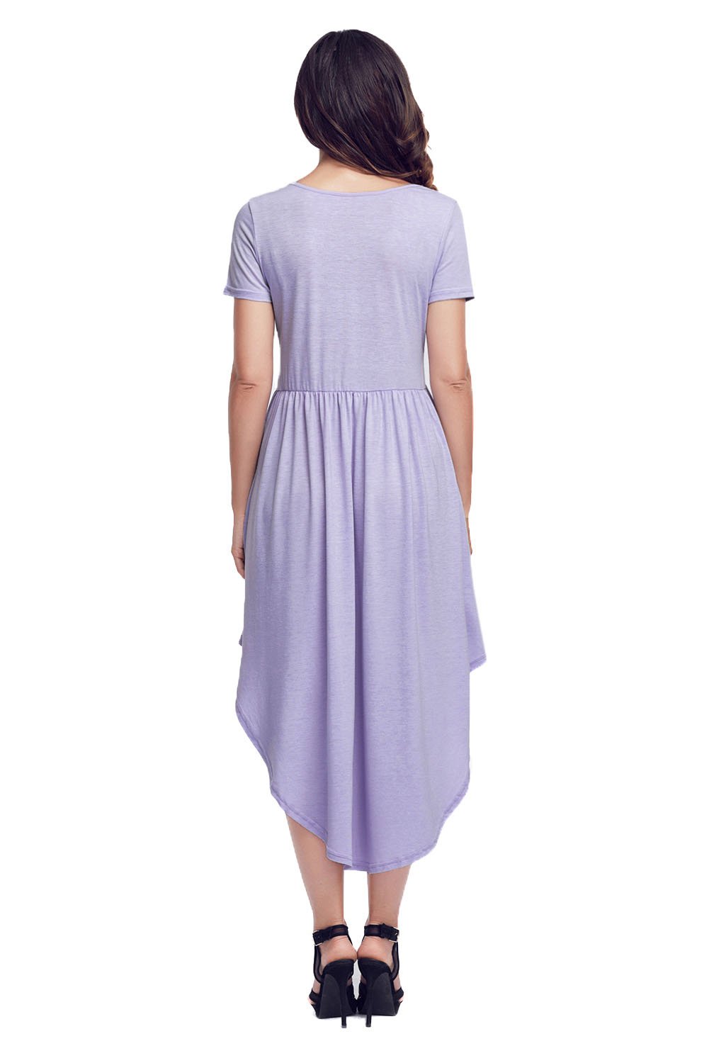 Mauve short sleeve high low casual swing dress with side pockets and a fitted bodice, perfect for various occasions.