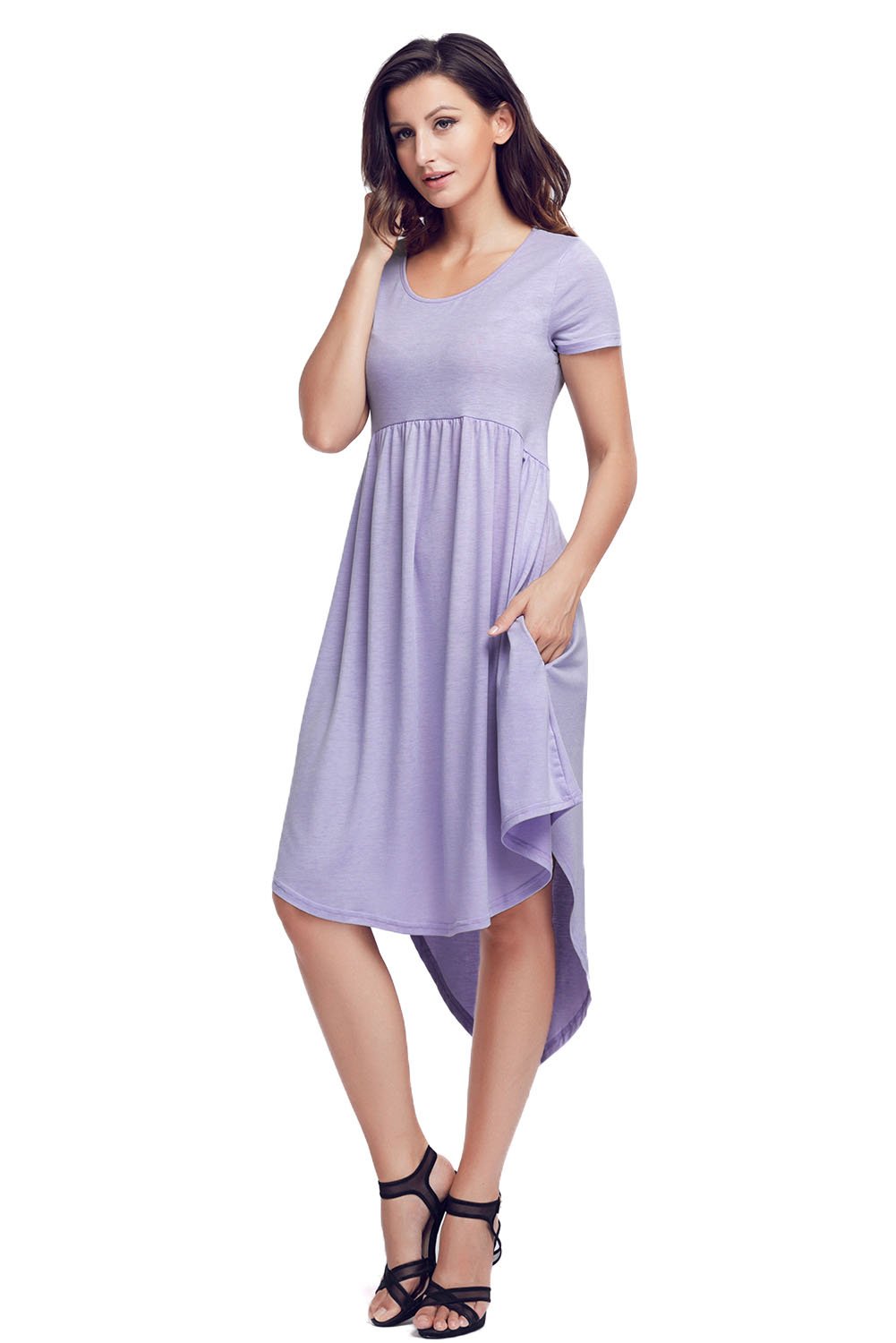 Mauve short sleeve high low casual swing dress with side pockets and a fitted bodice, perfect for various occasions.