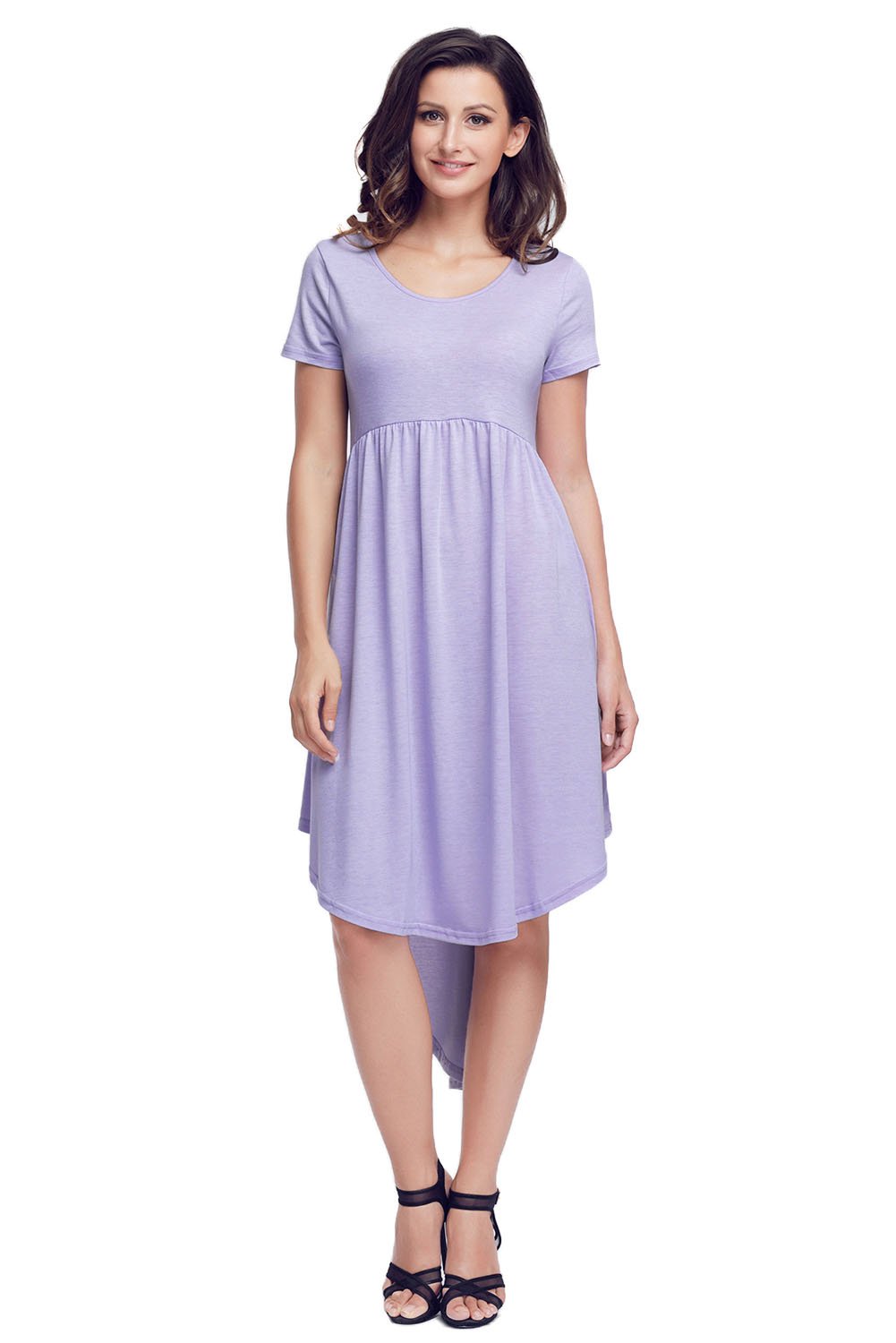 Mauve short sleeve high low casual swing dress with side pockets and a fitted bodice, perfect for various occasions.