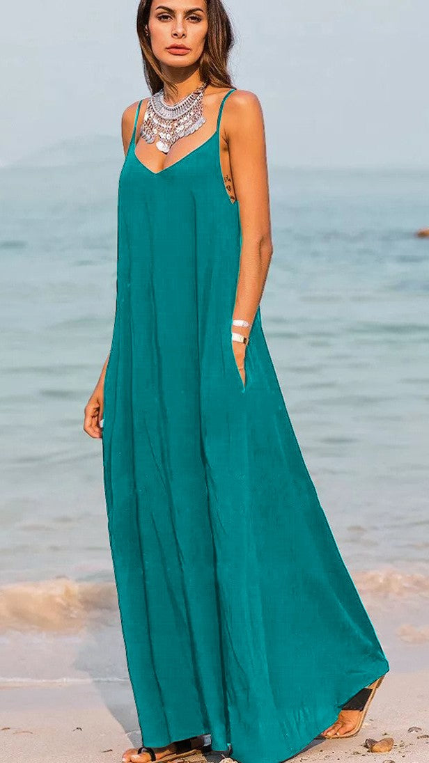 Maxi summer dress Yasmine in mint color, featuring a deep V-neckline and side pockets, made from high-quality viscose fabric.