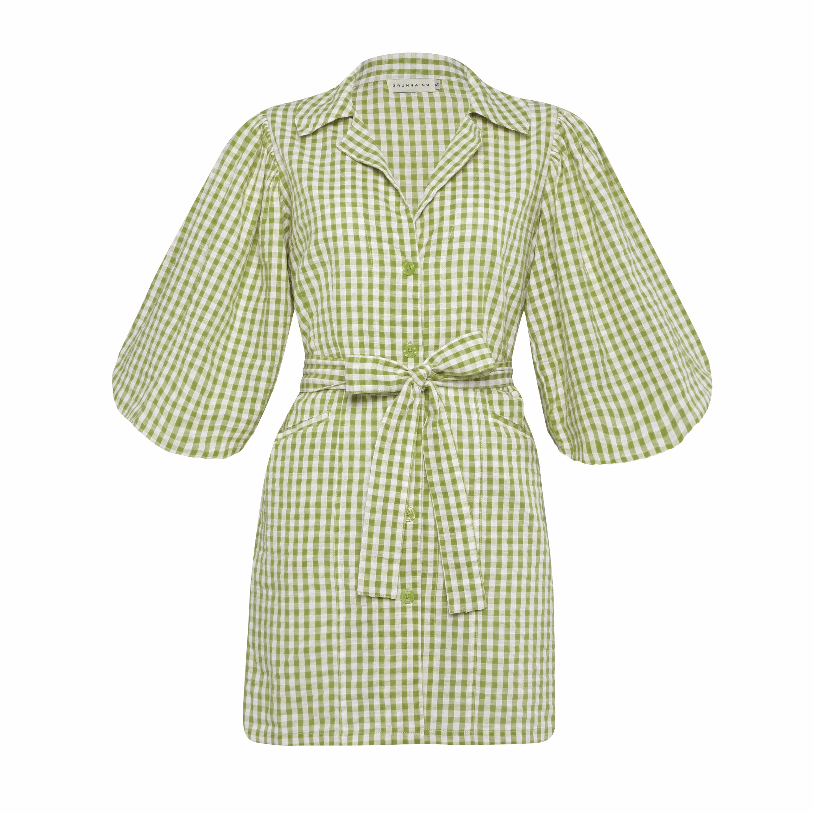 Olive green Meghan mini gingham dress featuring puff sleeves and a removable waist belt, perfect for casual outings.