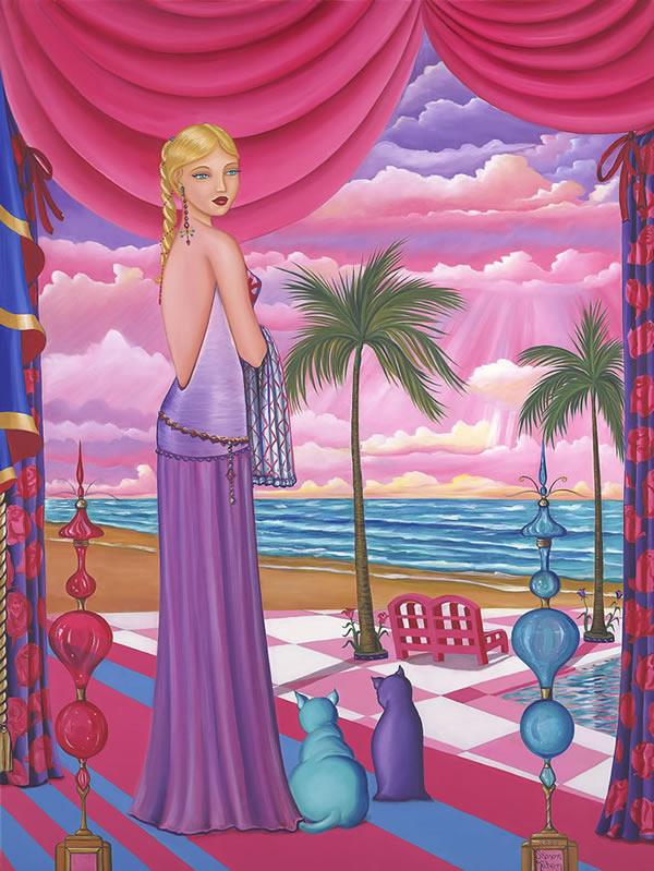 Melissa metal print by Sharon Tatem featuring a beach house, a woman with two cats, and a swimming pool in vibrant colors.