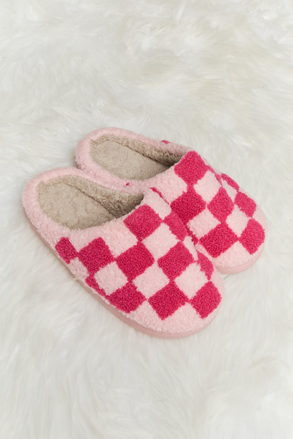 Melody Checkered Print Plush Slide Slippers featuring a cozy faux fur top and durable rubber sole, designed for stylish indoor comfort.