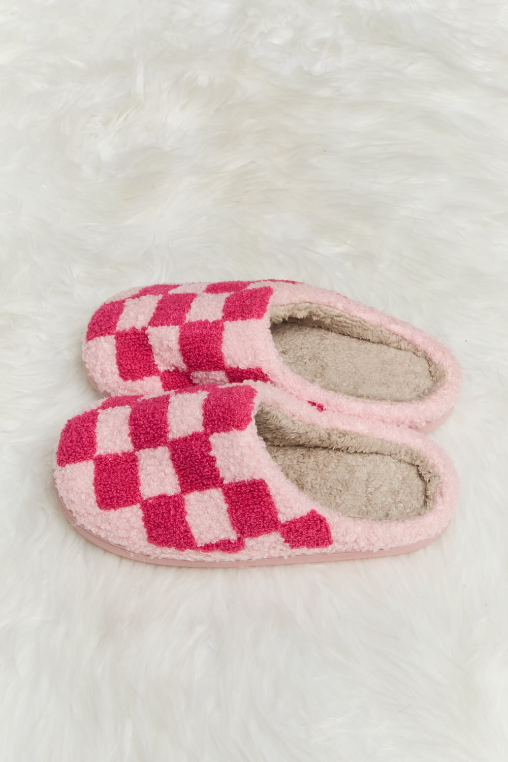 Melody Checkered Print Plush Slide Slippers featuring a cozy faux fur top and durable rubber sole, designed for stylish indoor comfort.