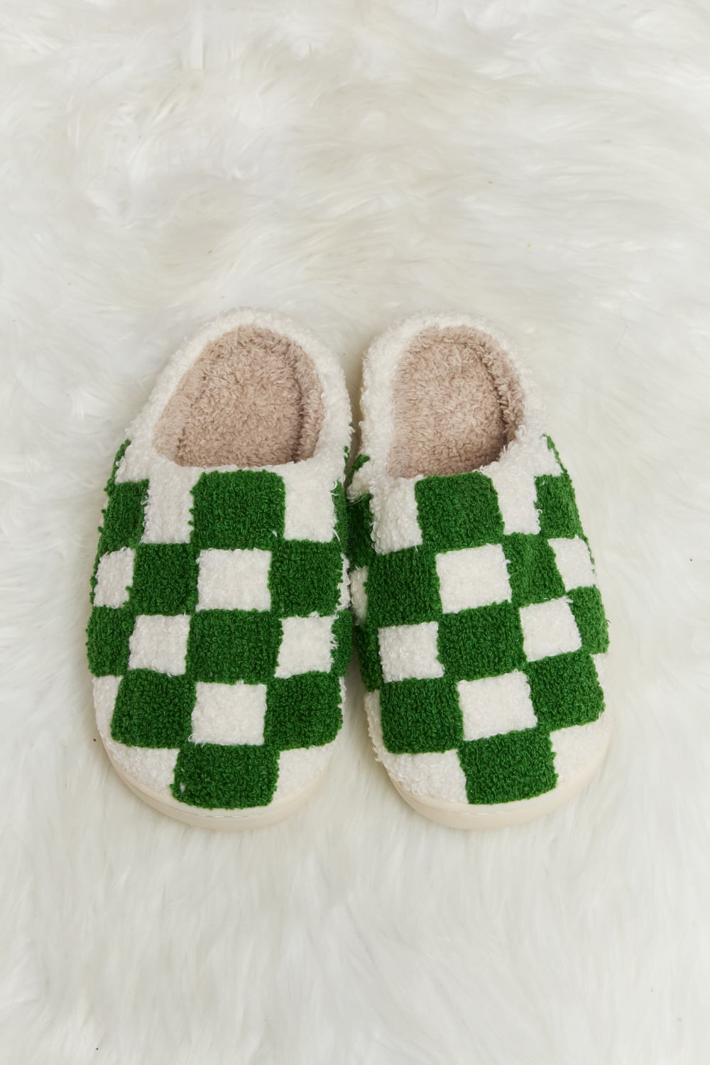 Melody Checkered Print Plush Slide Slippers featuring a cozy faux fur top and durable rubber sole, designed for stylish indoor comfort.