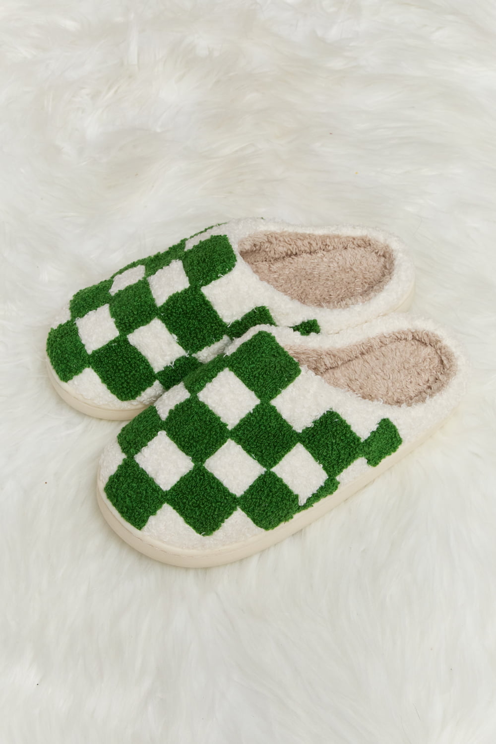 Melody Checkered Print Plush Slide Slippers featuring a cozy faux fur top and durable rubber sole, designed for stylish indoor comfort.