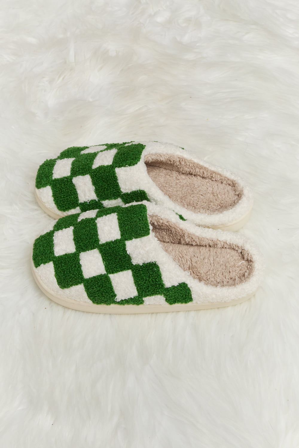 Melody Checkered Print Plush Slide Slippers featuring a cozy faux fur top and durable rubber sole, designed for stylish indoor comfort.