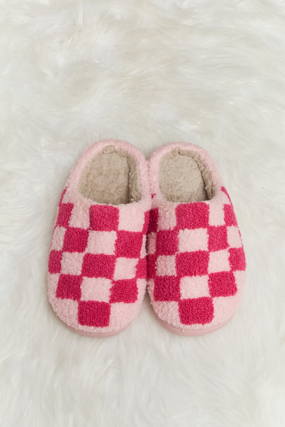 Melody Checkered Print Plush Slide Slippers featuring a cozy faux fur top and durable rubber sole, designed for stylish indoor comfort.